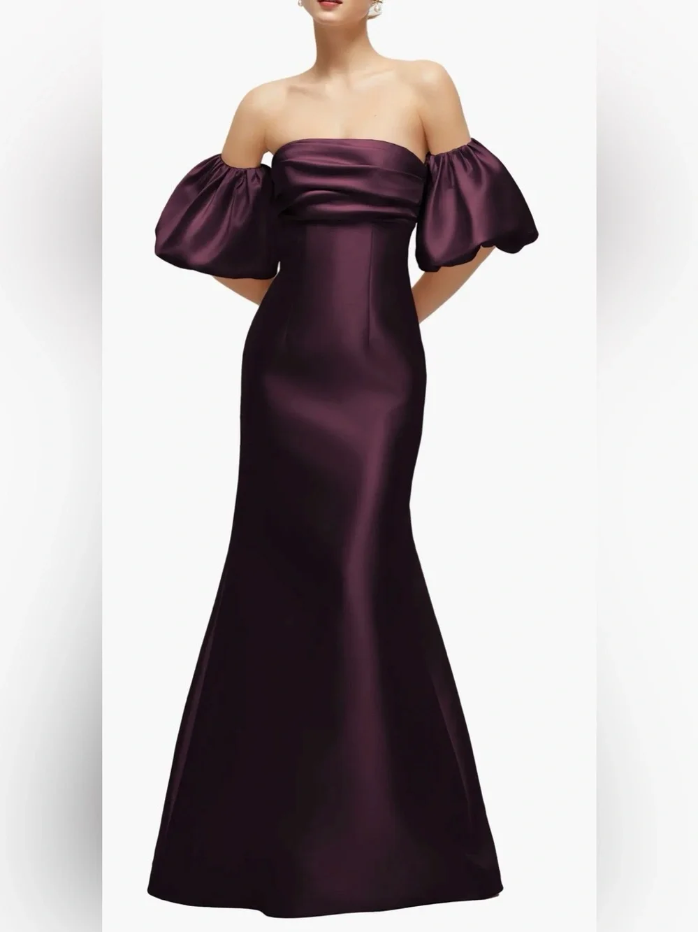NEW Alfred Sung Off the Shoulder Puff Sleeve deep plum Satin Gown Sz 16